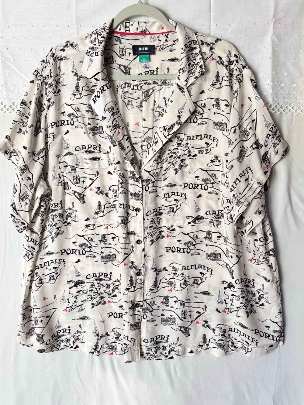 Maeve Cream Map-Print Short-Sleeve Button-Up Blouse